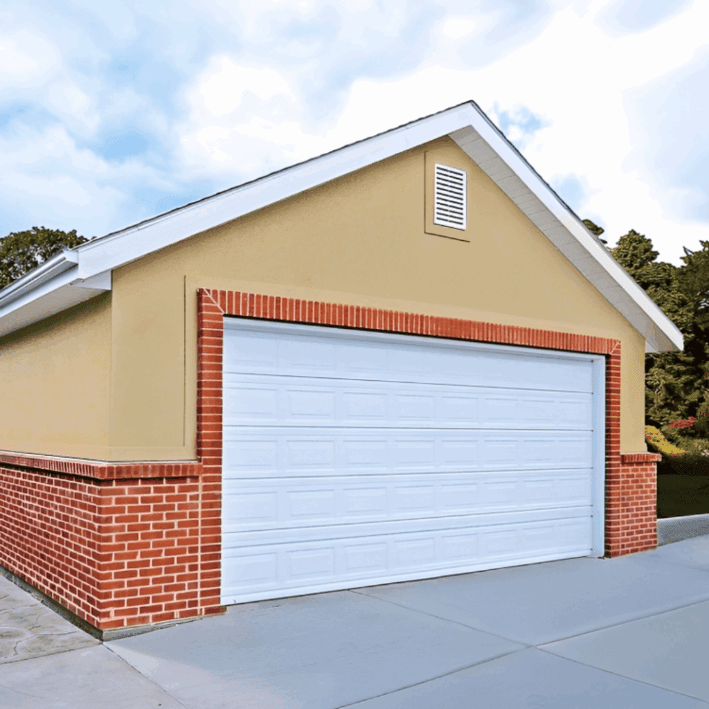 Garage door on a residential property in Naples, Florida, showcasing a white door with decorative panels and a beige exterior wall, emphasizing USA Garage Door Repair Naples' service area and expertise in garage door solutions.