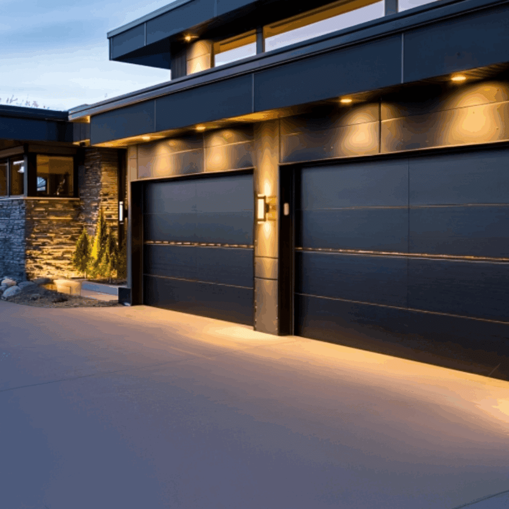 Modern garage doors with sleek design and ambient lighting, showcasing quality craftsmanship relevant to USA Garage Door Repair Naples services.