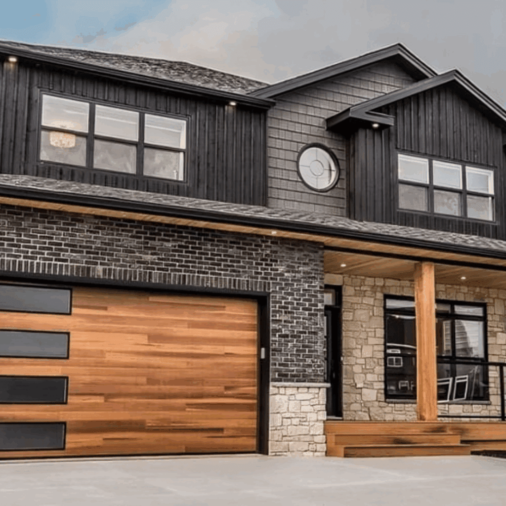 Modern residential garage door with wooden panels and glass accents, showcasing a stylish home exterior in Naples, Florida, reflecting quality garage door repair services.