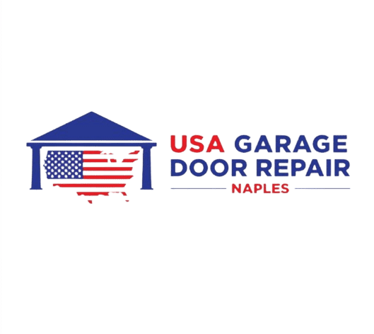 USA Garage Door Repair Naples logo featuring a house silhouette, American flag design, and text emphasizing garage door repair services in Naples.