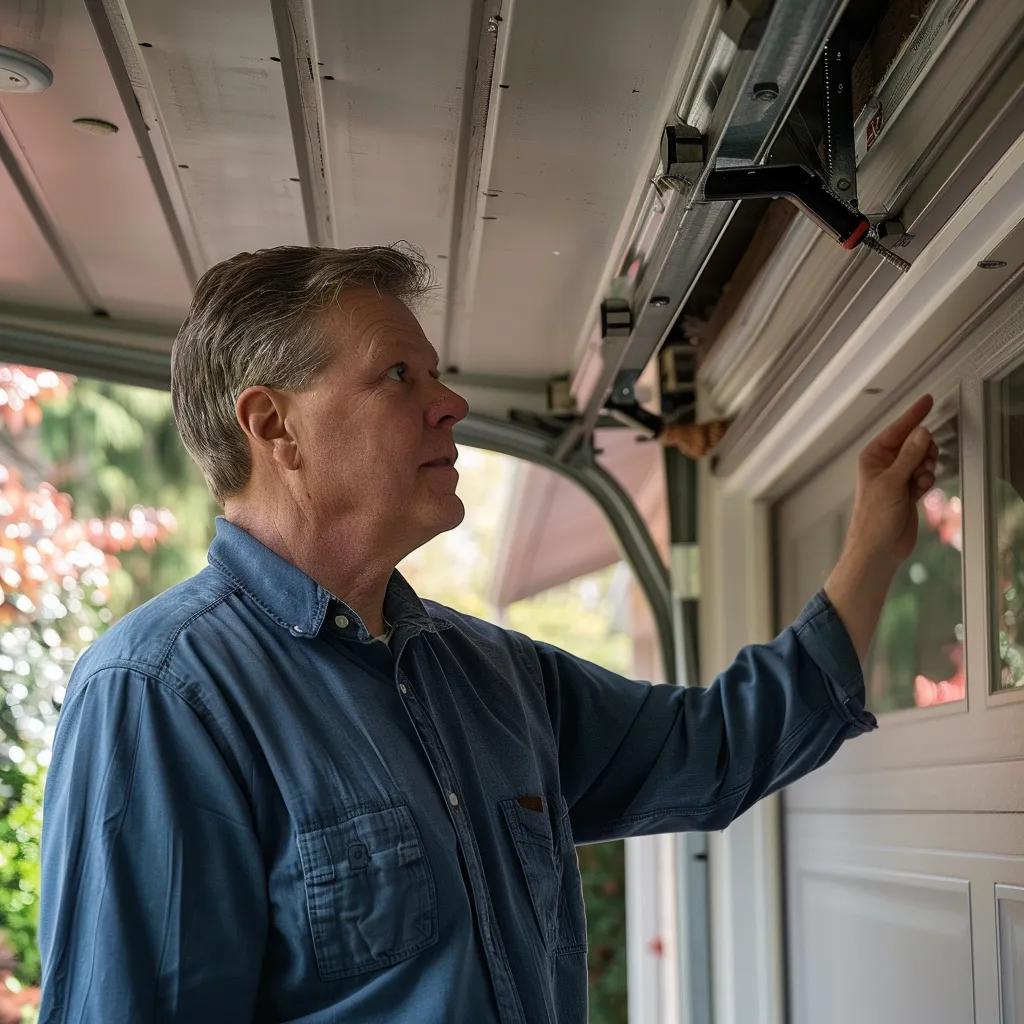 Man inspecting garage door components, checking functionality and maintenance features, emphasizing preventive inspection tips for Naples homeowners.