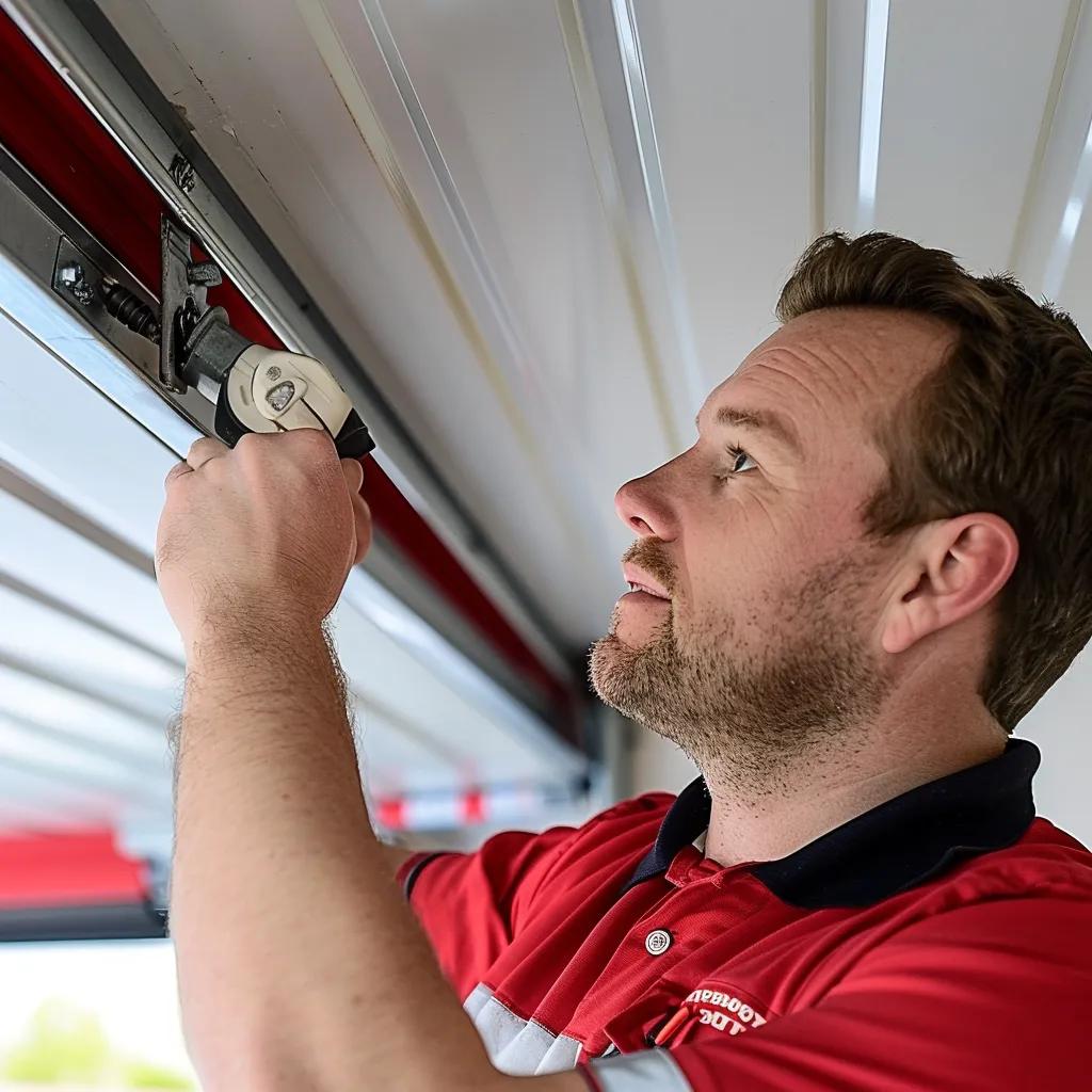 Technician inspecting garage door mechanism, performing maintenance checks for safety and longevity in Naples, Florida.