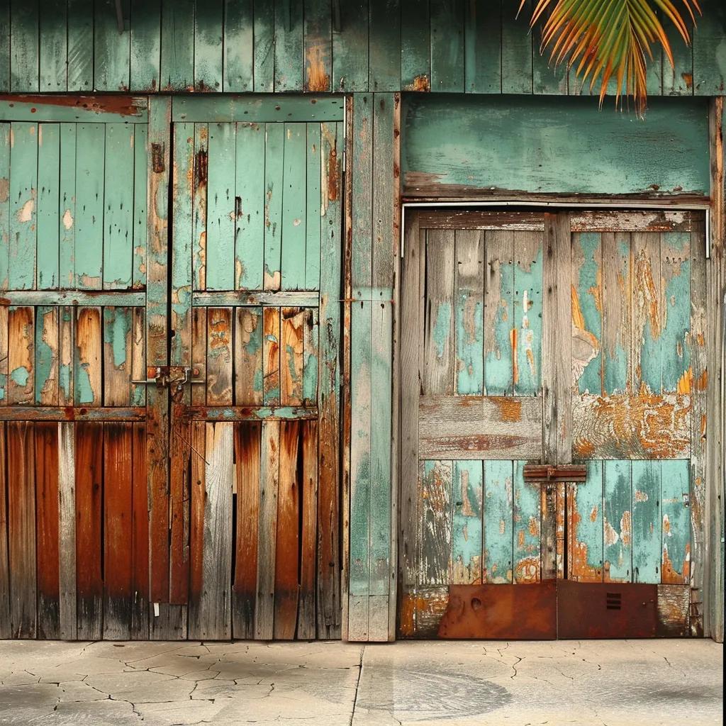 Weathered garage door with peeling turquoise paint and rusted metal components, illustrating the effects of coastal climate on durability and maintenance needs.
