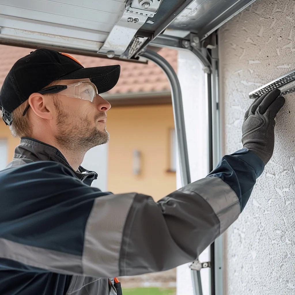 Technician inspecting garage door components for spring repair in Naples, FL, wearing safety glasses and gloves.
