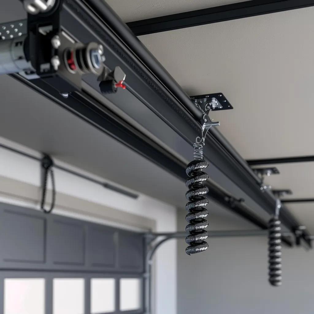 Garage door extension spring mounted on a track, illustrating essential components for smooth operation and balance in garage door systems.