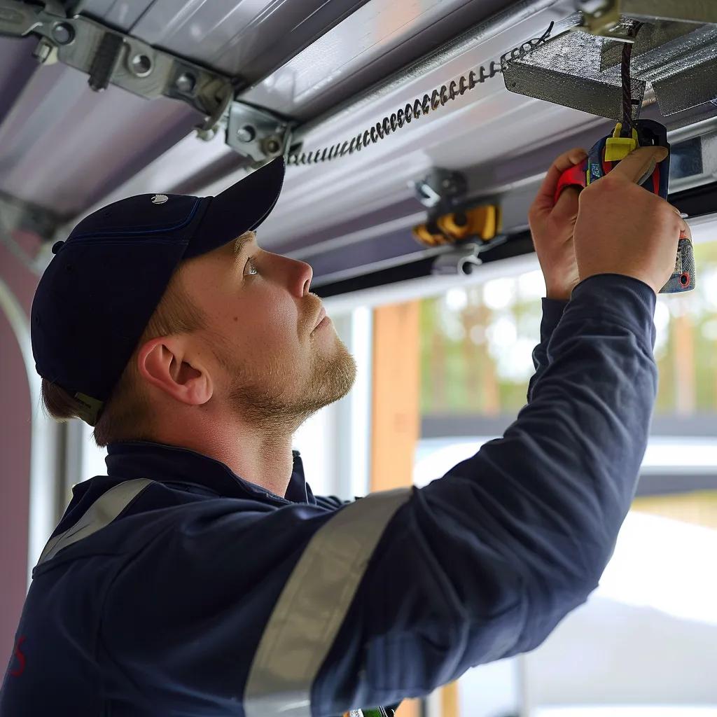 Technician inspecting and adjusting garage door opener mechanism, emphasizing professional garage door spring repair and maintenance services in Naples, FL.